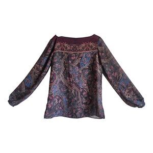 LAUREN RALPH LAUREN Women's M Blouse Boatneck Paisley Semi Sheer Long Sleeve 38"
